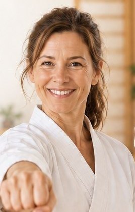 Frau im Karate-Gi mit weißem Gurt