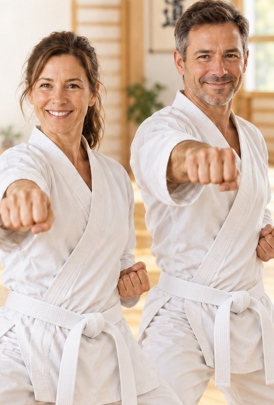 Frau und Mann im Karate-Gi mit weißem Gurt