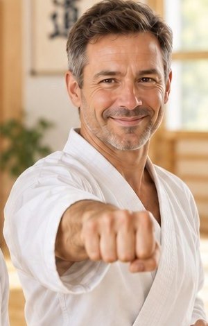 Mann im Karate-Gi mit weißem Gurt